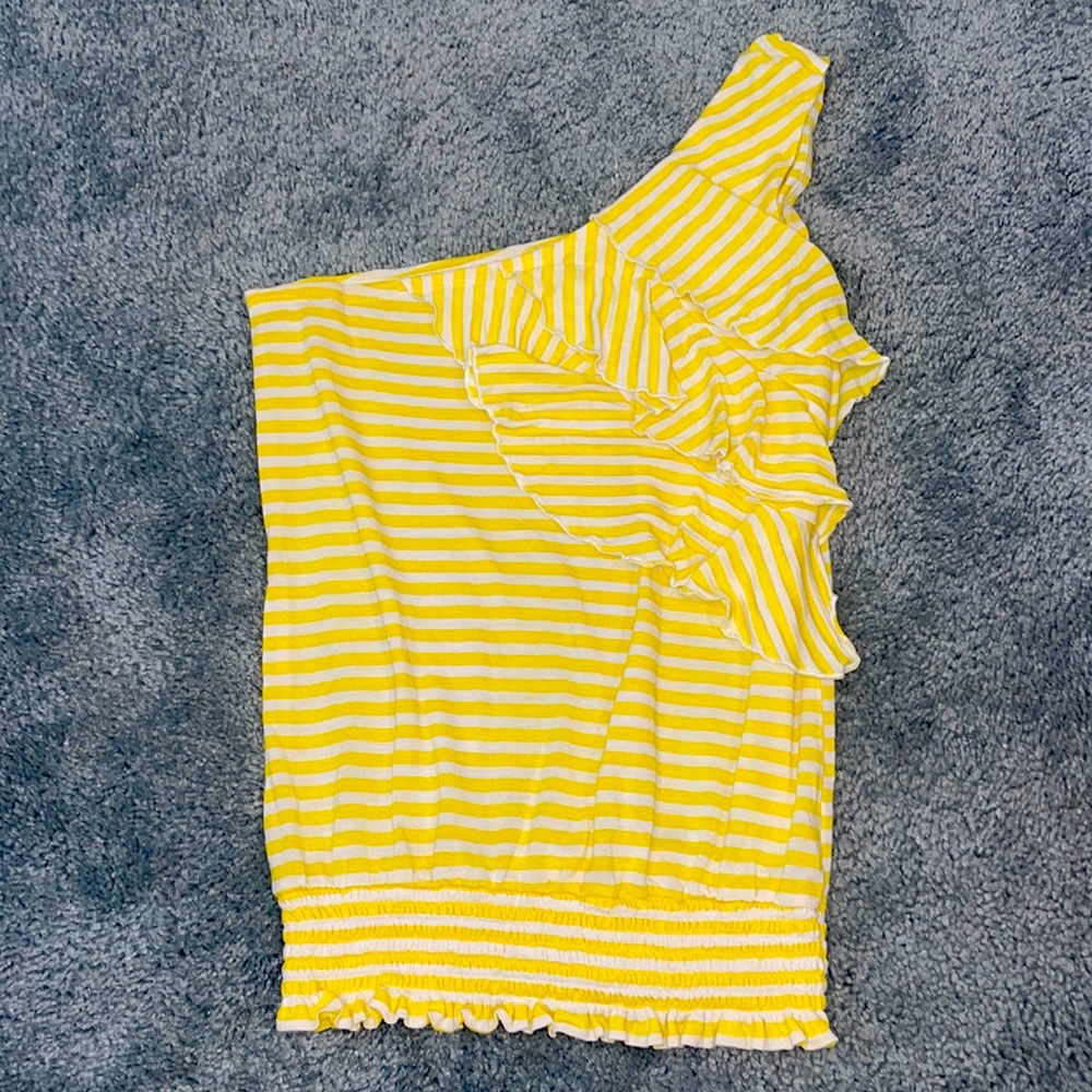 Rewind one shoulder summer top - yellow and white stripes - size small
